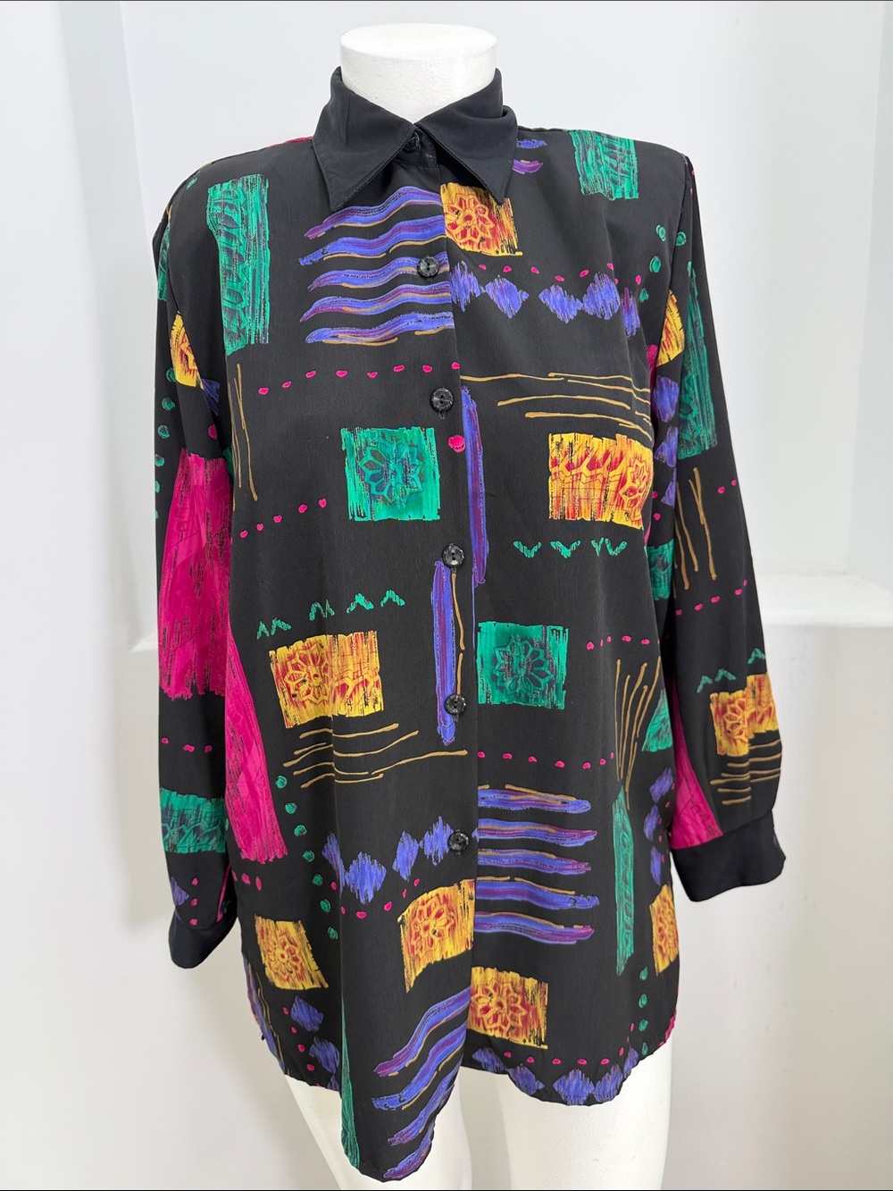 CASCAIS Of California 1980s Black Multicolor Geometric Print Button-Up Shirt L - Picture 6 of 6